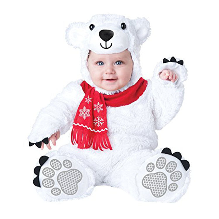 Baby in a polar bear costume with a red scarf on a white background