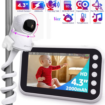 4.3"Baby Monitor with Camera Pan-Tilt-Zoom HD Babyphone 2000Mah Long Battery Life Mobile Baby Camera 2-Way Talk Night Vision VOX