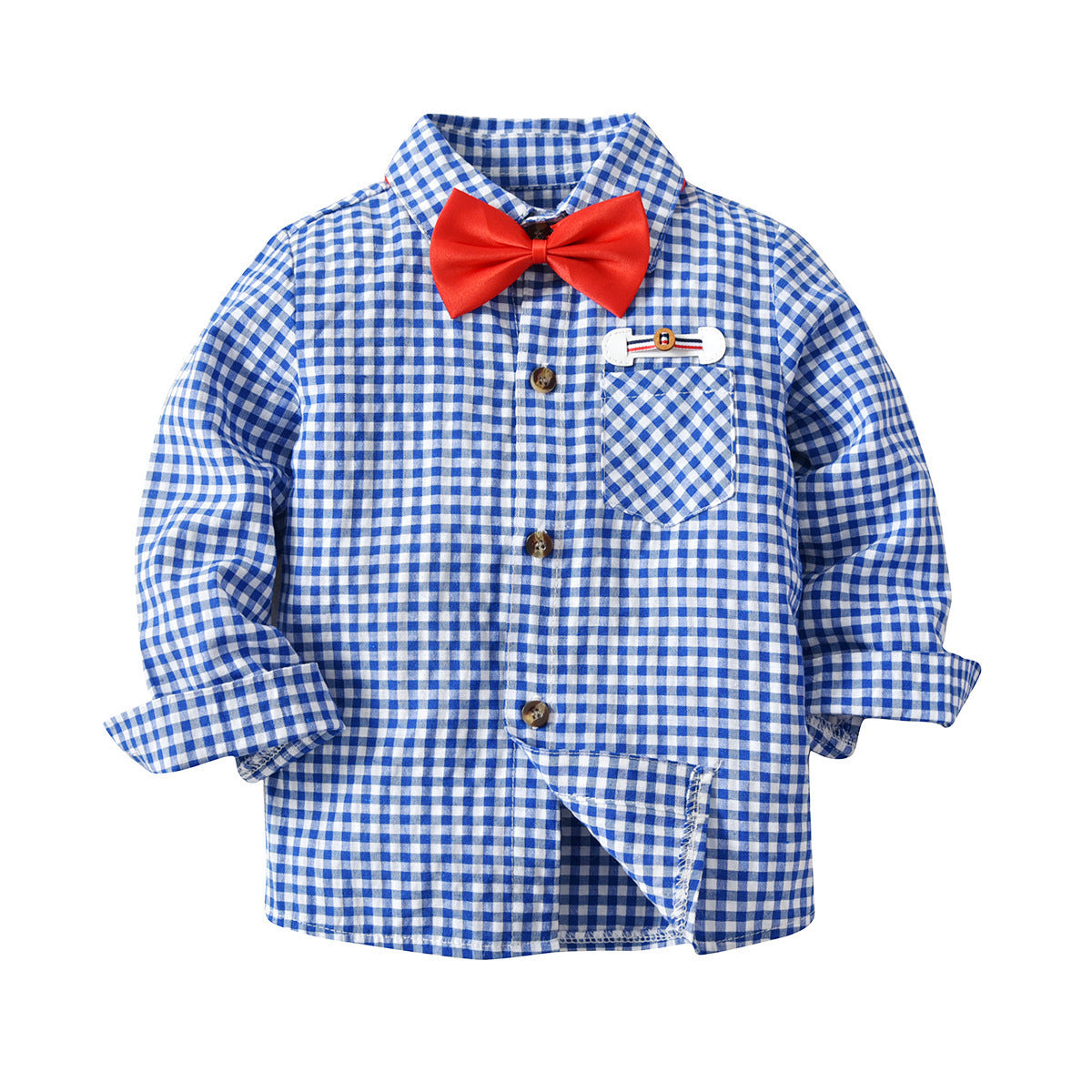 Baby Boy Formal Outfit – Long Sleeve Checkered Shirt with Bow Tie & Suspender Pants Party Suit