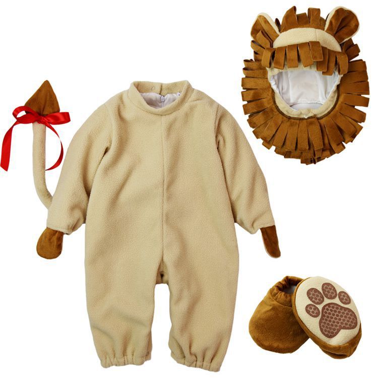 Baby lion costume with jumpsuit, mane, tail, and paw shoes on a white background