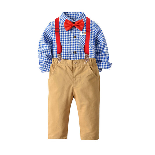 Baby Boy Formal Outfit – Long Sleeve Checkered Shirt with Bow Tie & Suspender Pants Party Suit