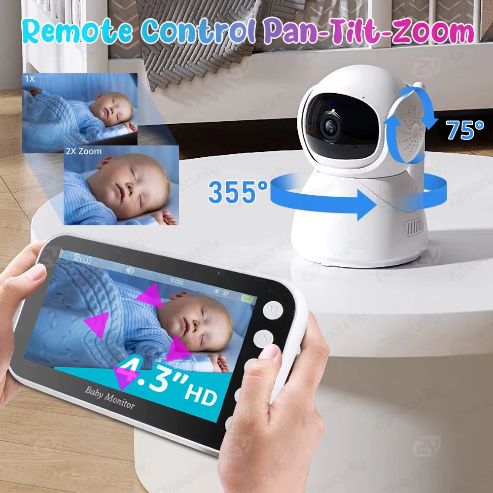 4.3"Baby Monitor with Camera Pan-Tilt-Zoom HD Babyphone 2000Mah Long Battery Life Mobile Baby Camera 2-Way Talk Night Vision VOX