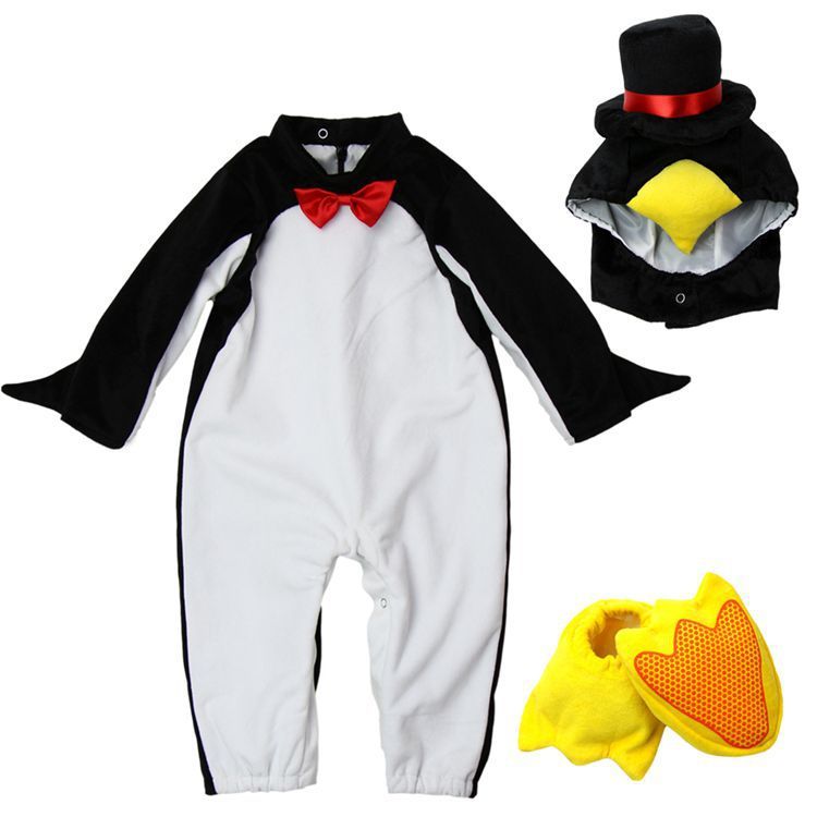 Penguin costume with hat, shoes, and cape on a white background