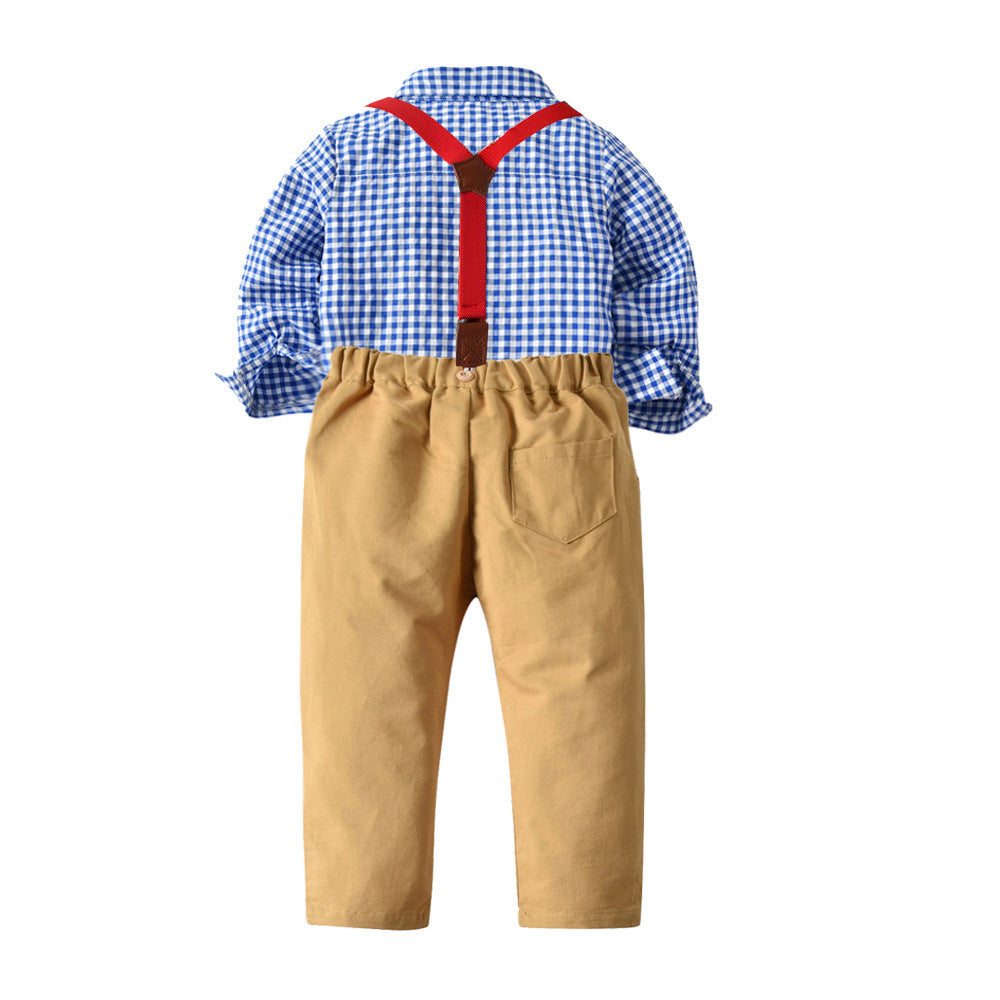 Baby Boy Formal Outfit – Long Sleeve Checkered Shirt with Bow Tie & Suspender Pants Party Suit