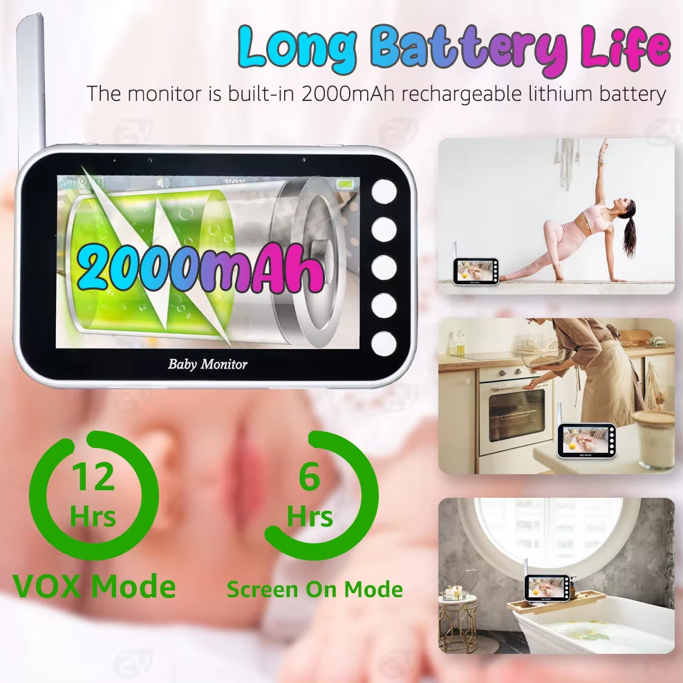 4.3"Baby Monitor with Camera Pan-Tilt-Zoom HD Babyphone 2000Mah Long Battery Life Mobile Baby Camera 2-Way Talk Night Vision VOX
